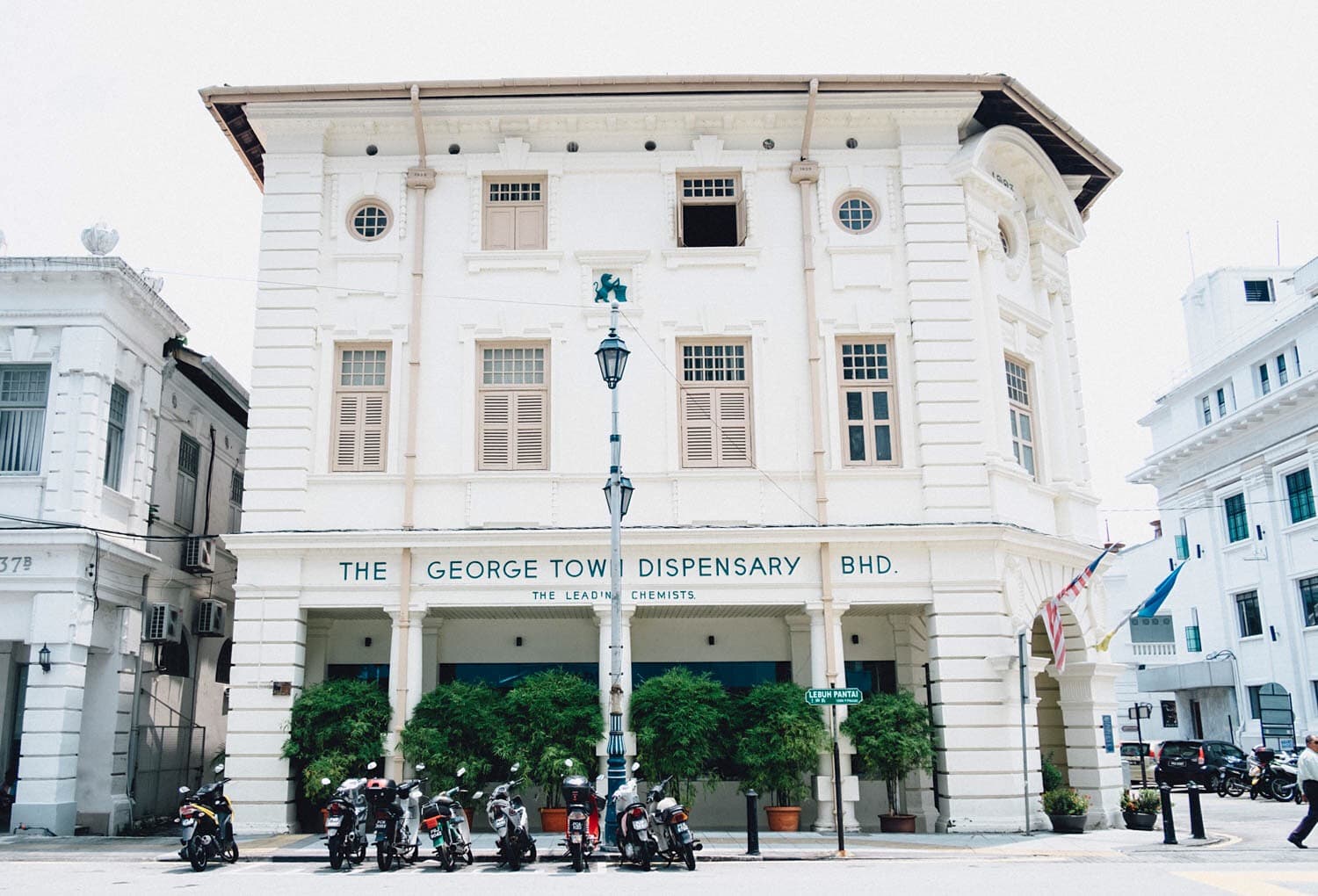The white colonial facade of the George Town Dispensary