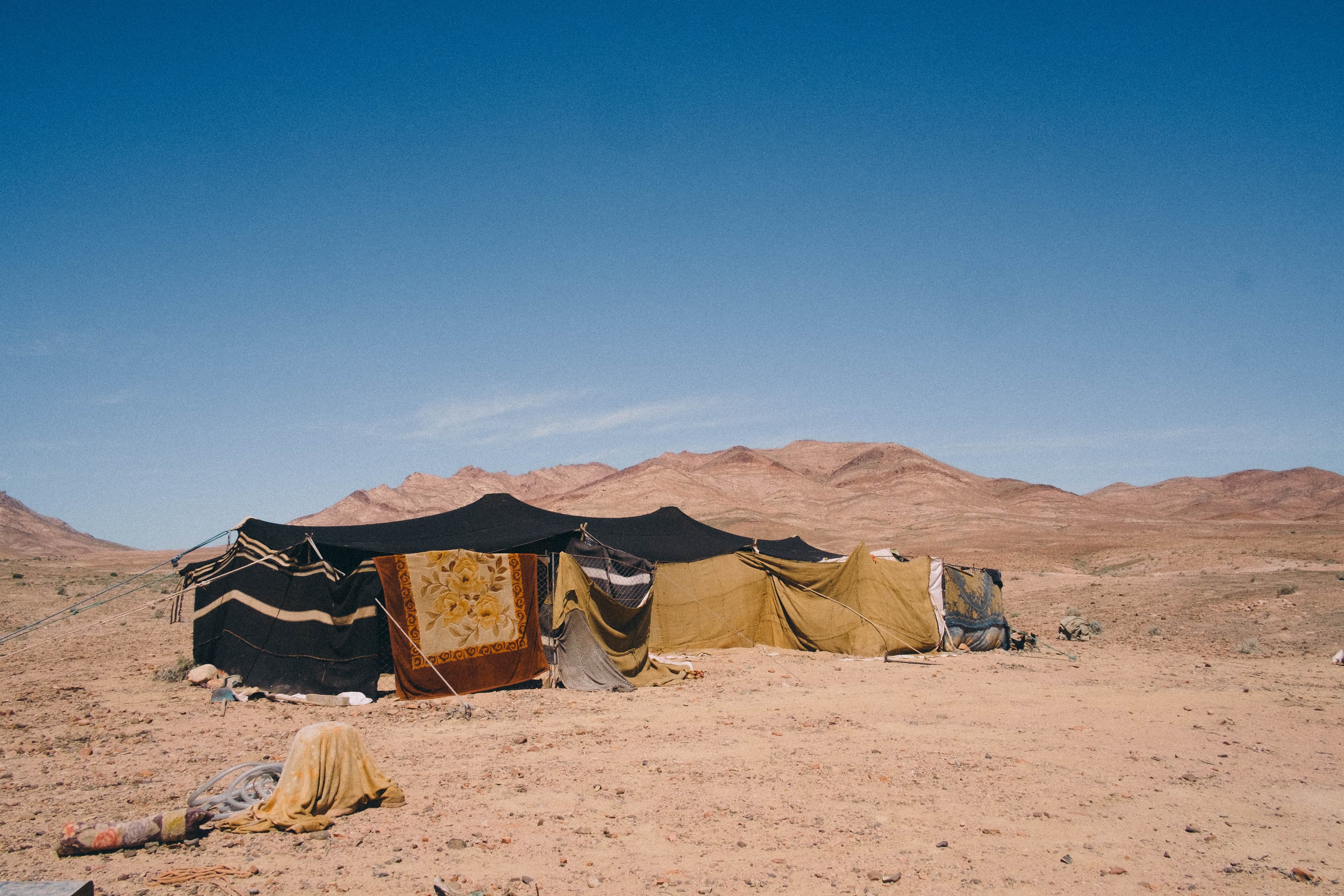 A Bedouin tent standing alone in the desert