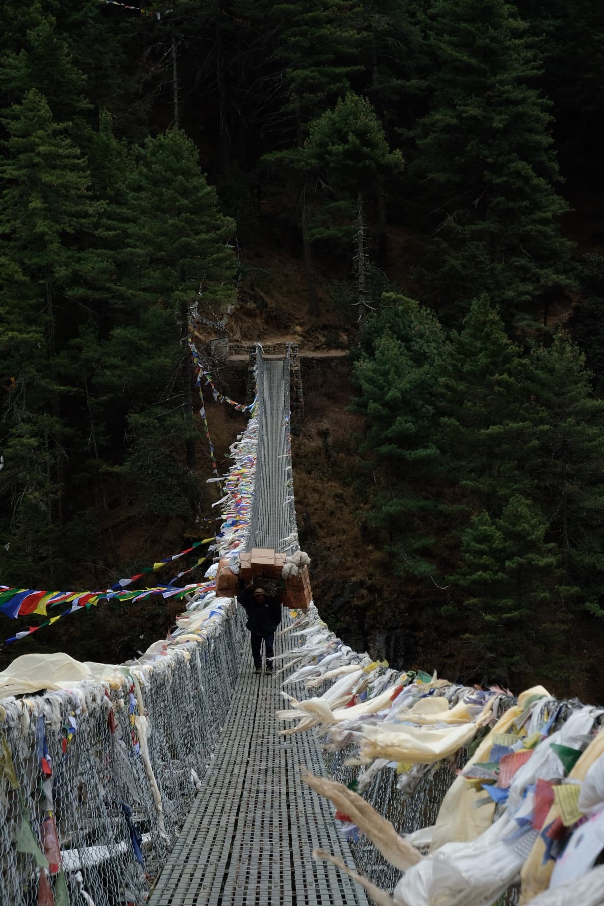 A prayer-flag-covered suspension bridge in a forest