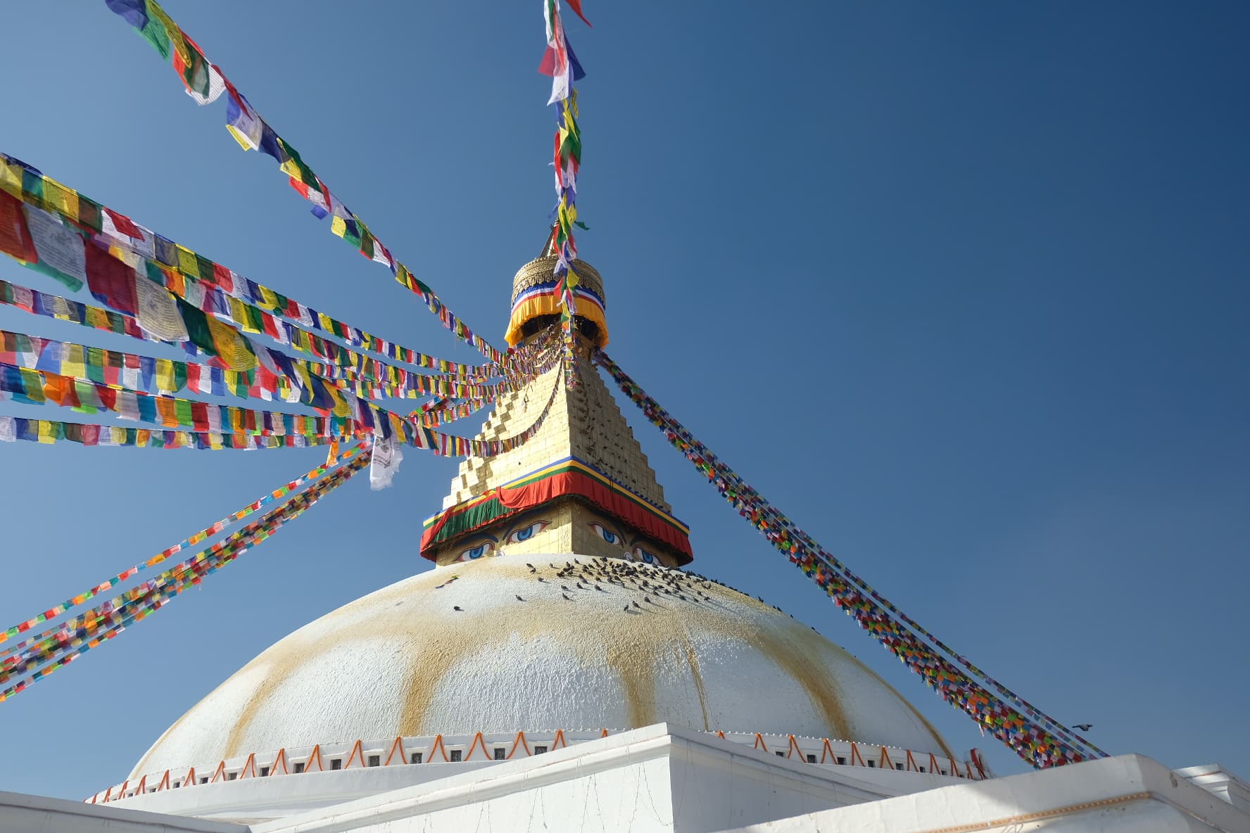 Colourful prayer flags stretching from a Buddhist stupa