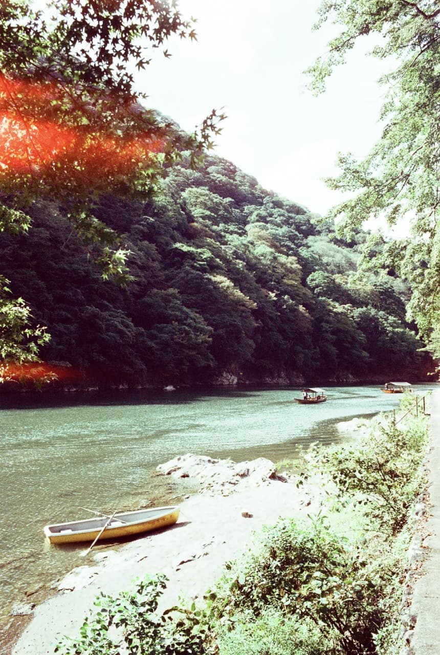 A small wooden boat on a river surrounded by forest