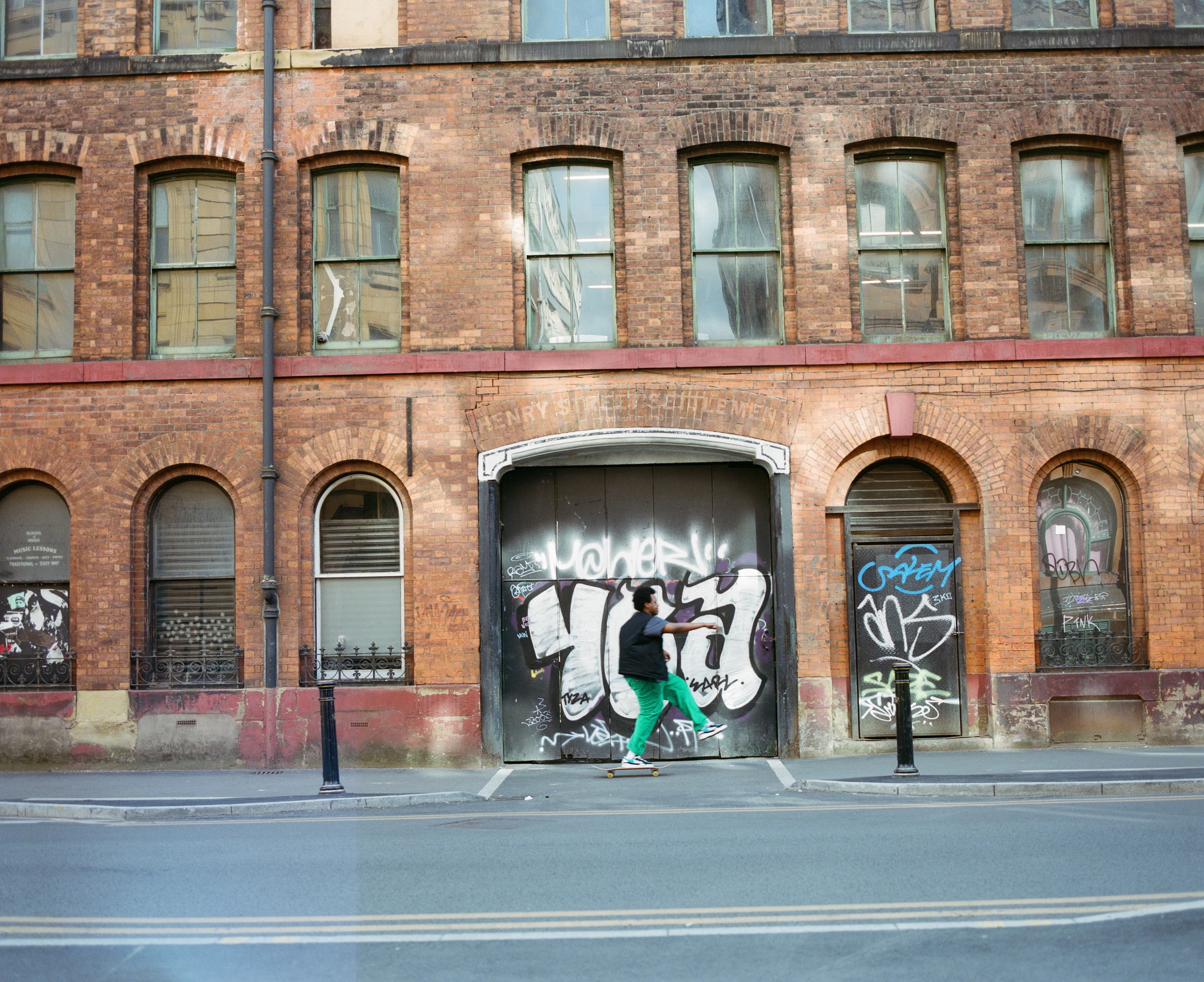 A weathered brick industrial building