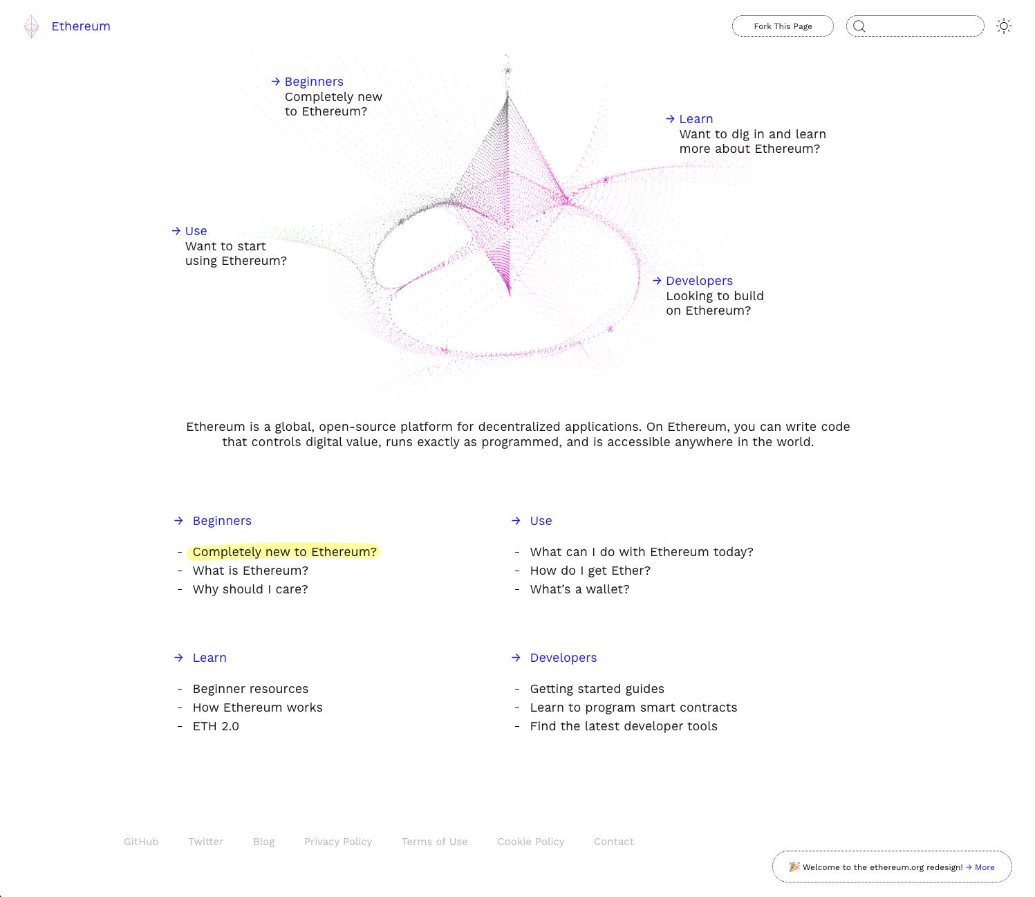 Ethereum.org website screenshot from July 2019 showing the previous design