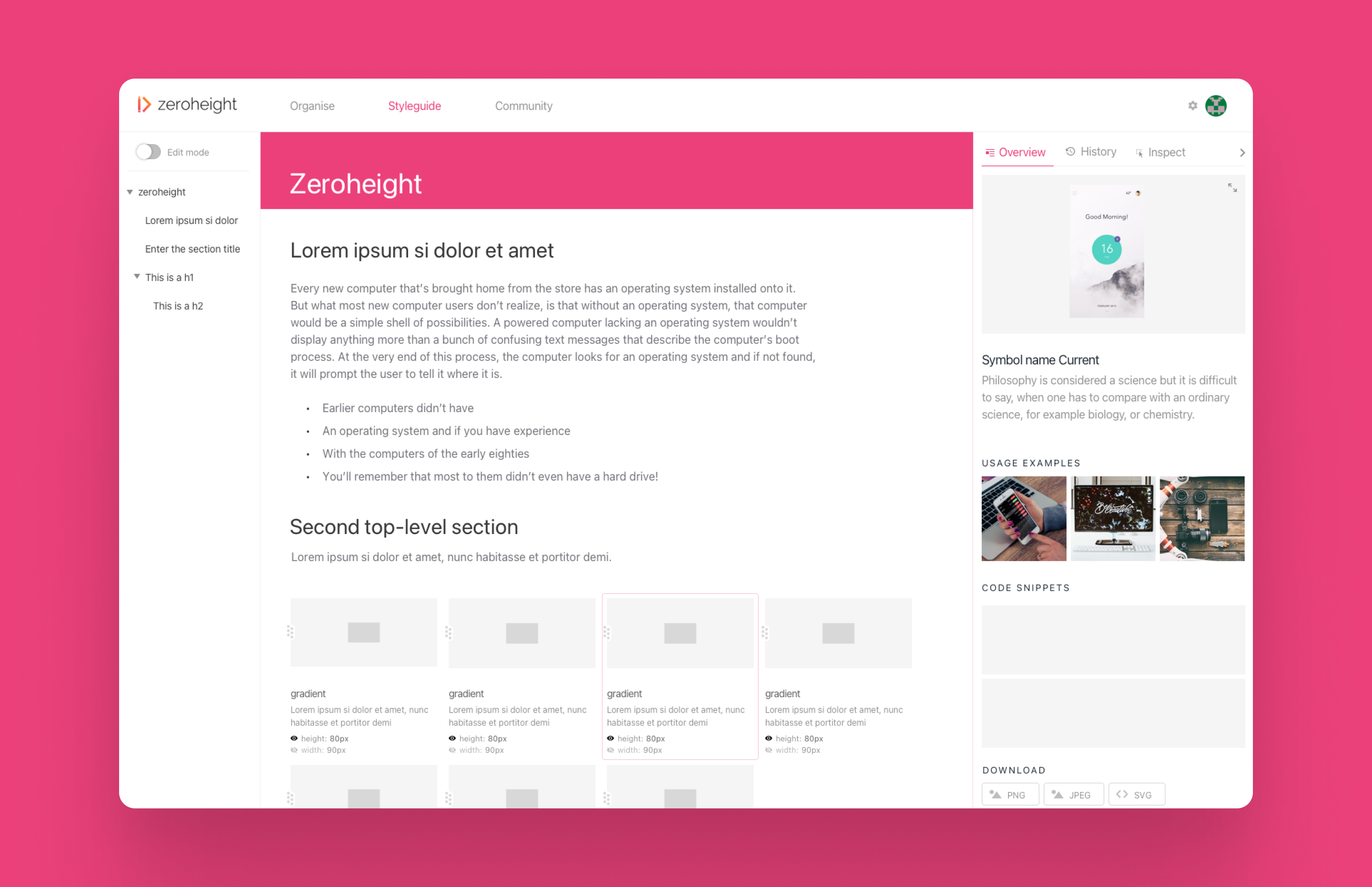 Published Zeroheight style guide with navigation, documentation, usage examples and downloadable assets