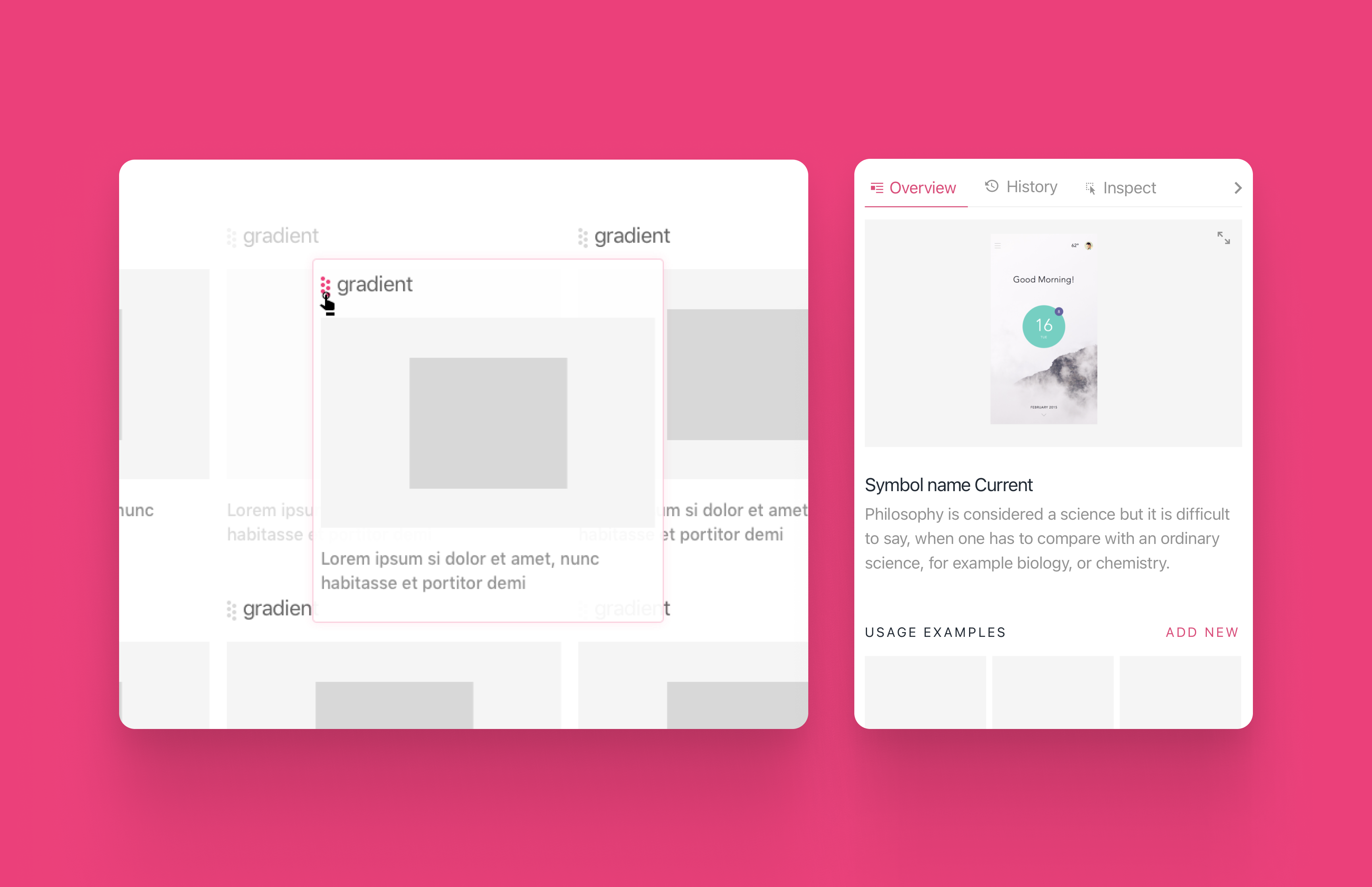 A design-system component documented with overview, inspection, description and usage examples